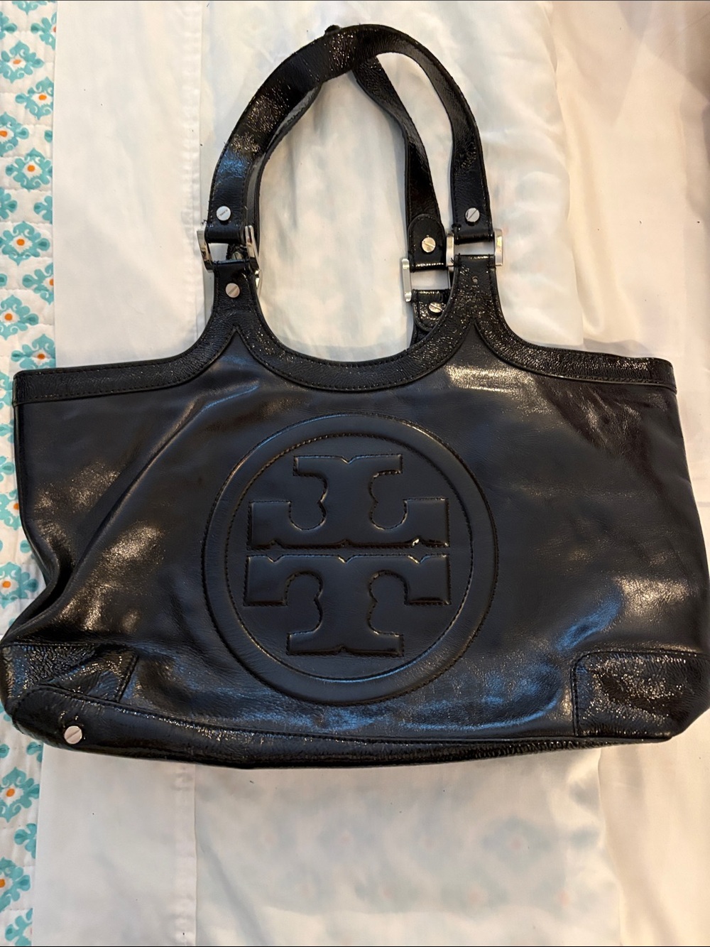 Tory Burch Black Patent Leather Logo Tote